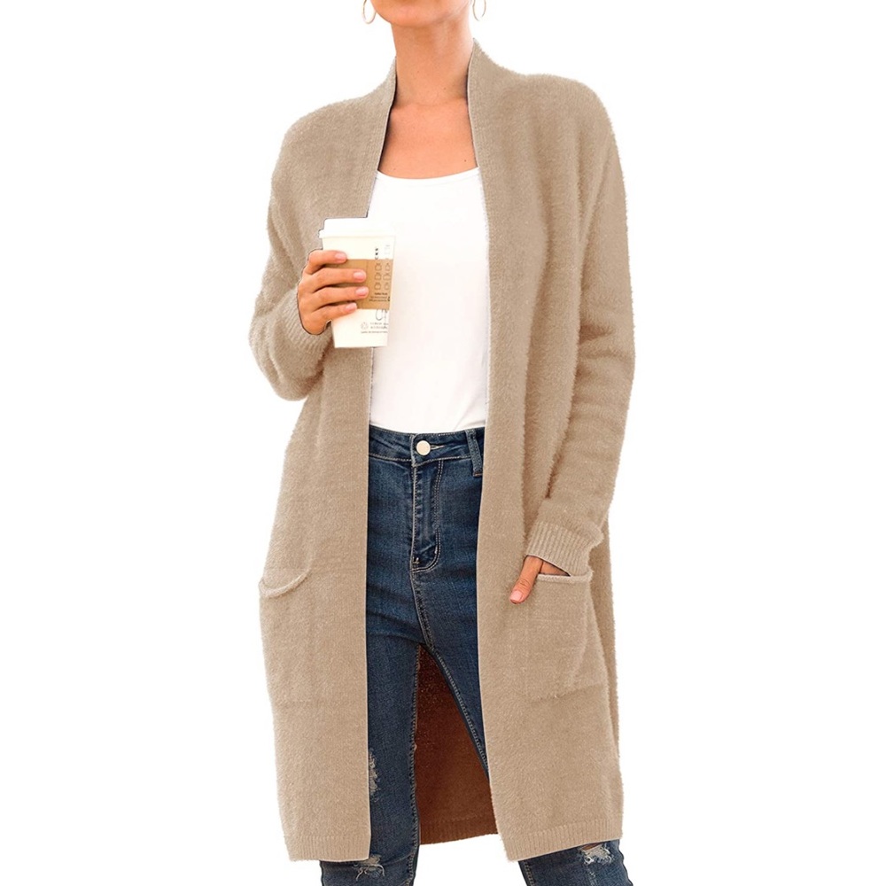 Camel Open Front Sweater Coat Coatigan with Pockets  M